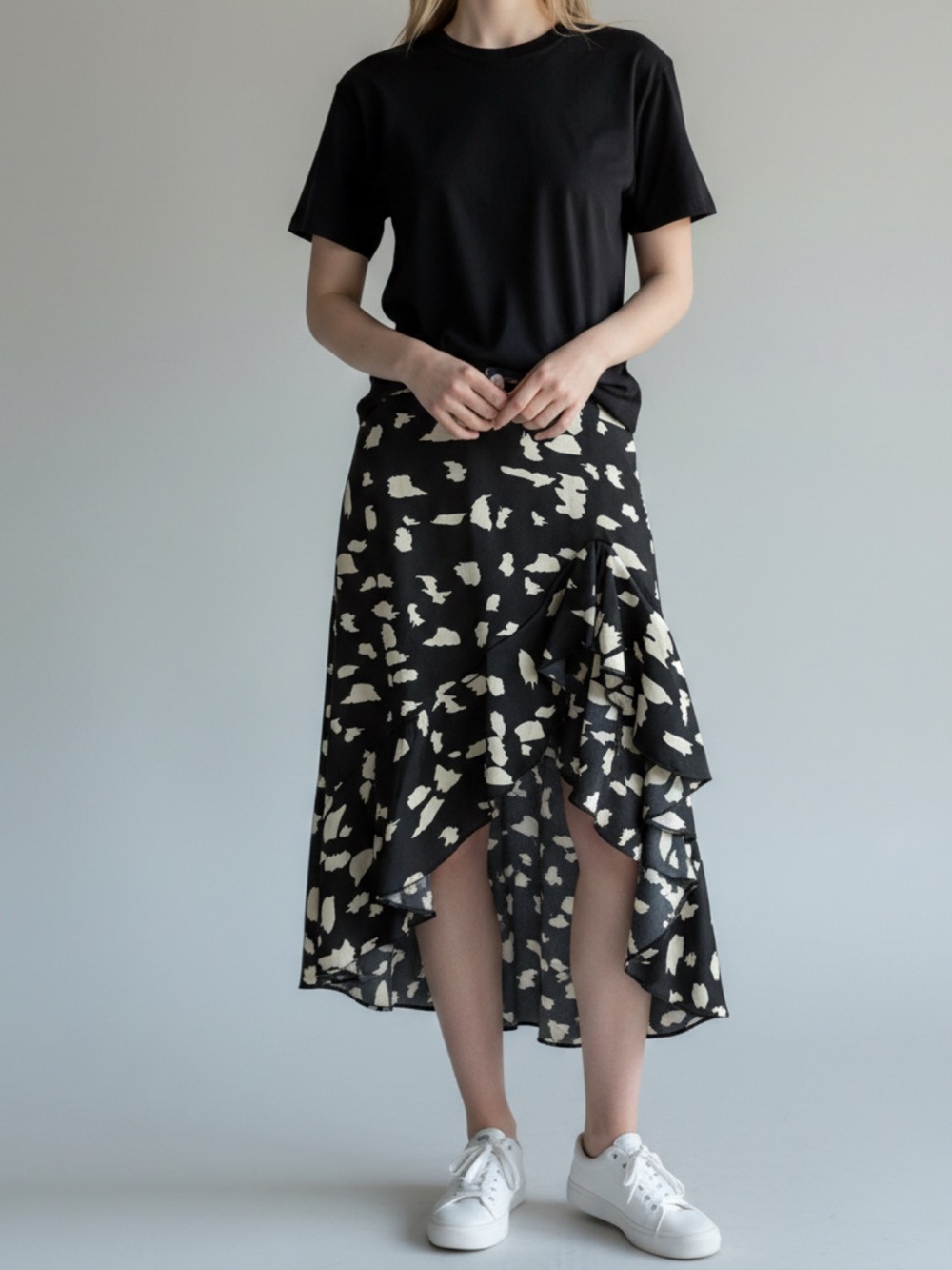 SHEIN Black and Cream Asymmetrical Ruffle Midi Skirt